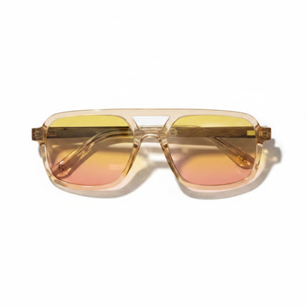 Aviator style sunglasses with clear frames and yellow to pink gradient lenses