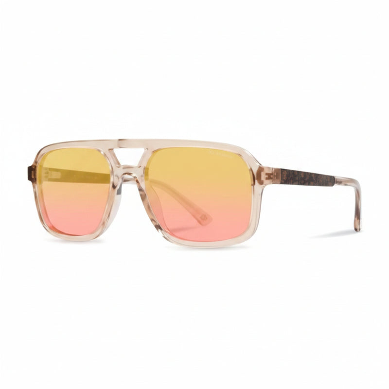 Clear aviator sunglasses with yellow to pink gradient lenses