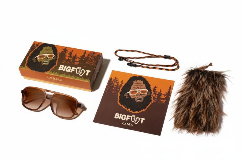 Bigfoot Camp sunglasses, box, card, strap, and furry pouch