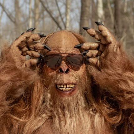 Bigfoot wearing sunglasses, with long brown hair and claws, smiling at the camera