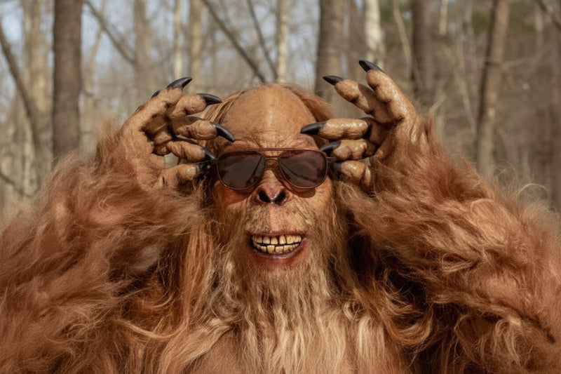 Bigfoot wearing sunglasses, with long brown hair and claws, smiling at the camera