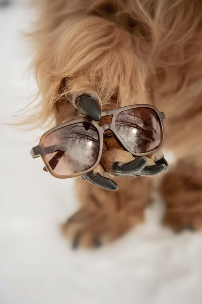 Dog paw holding brown sunglasses with tree reflections in lenses