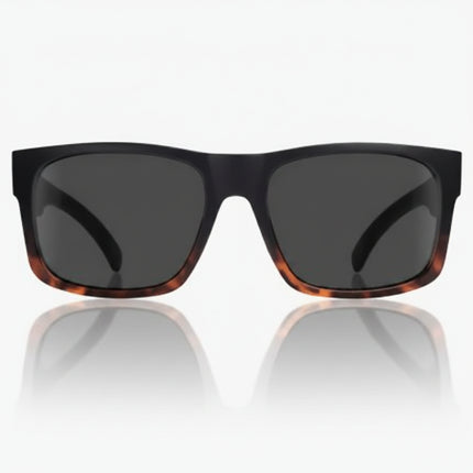 Black sunglasses with dark lenses and tortoise shell accents on the bottom of the frames