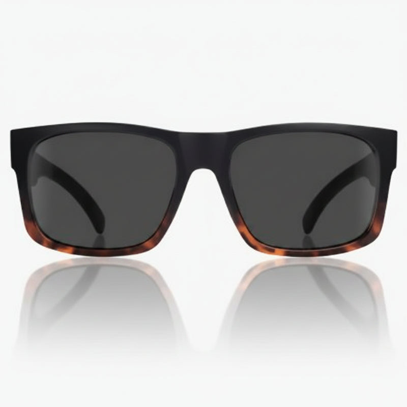Black sunglasses with dark lenses and tortoise shell accents on the bottom of the frames