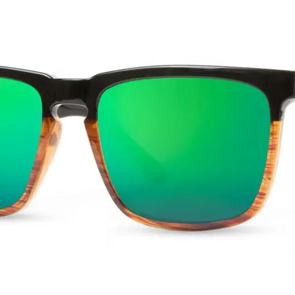 Black and wood grain sunglasses with green mirrored lenses