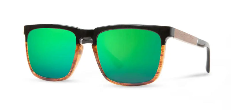 Black and wood grain sunglasses with green mirrored lenses