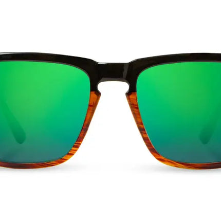 Black and brown sunglasses with green reflective lenses