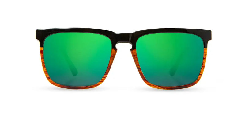 Black and brown sunglasses with green reflective lenses