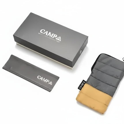Campa branded box, sleeve, and a grey and tan padded pouch