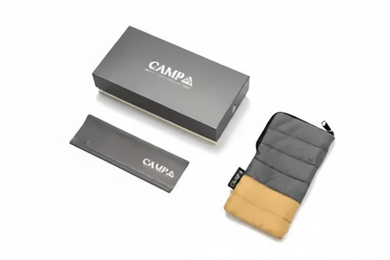 Campa branded box, sleeve, and a grey and tan padded pouch