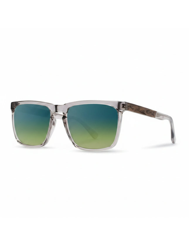 Clear frame sunglasses with green to blue gradient lenses