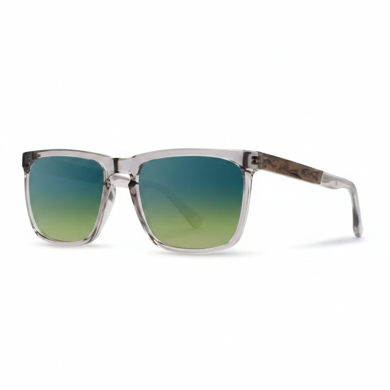 Clear frame sunglasses with green to blue gradient lenses