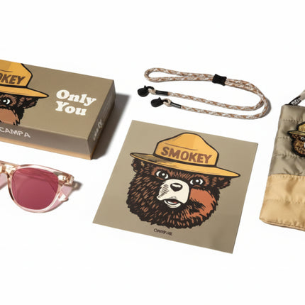 Smokey Bear sunglasses, case, strap, cleaning cloth, and box