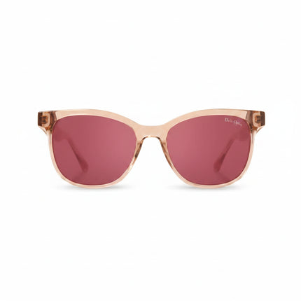 Peach-colored sunglasses with dark pink lenses