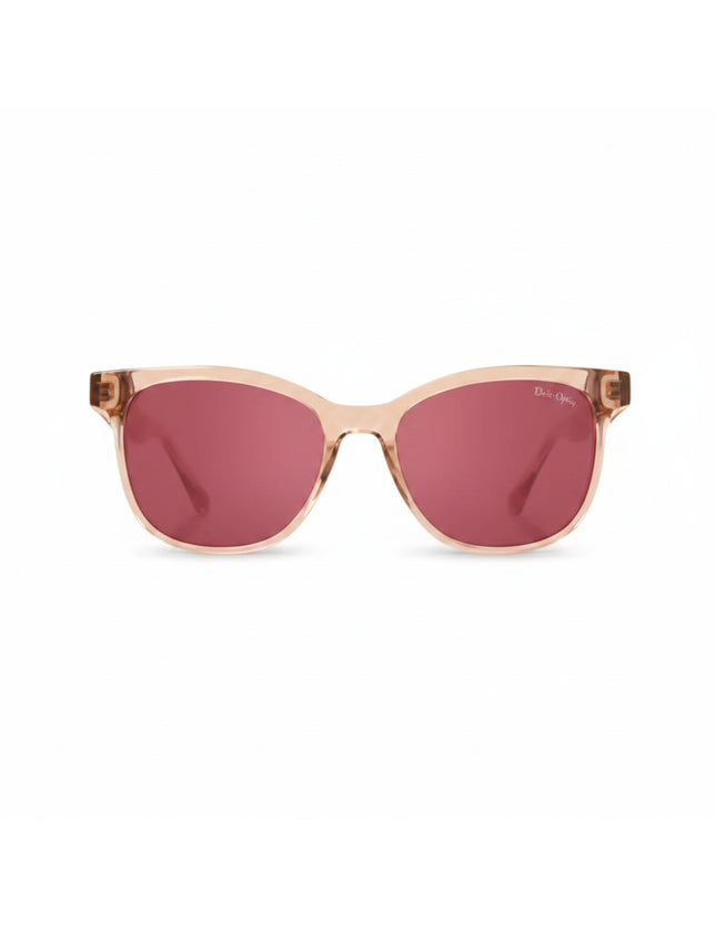 Peach-colored sunglasses with dark pink lenses
