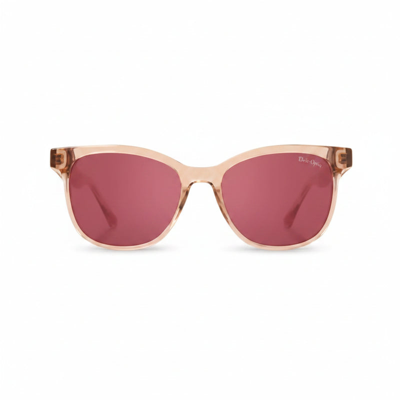 Peach-colored sunglasses with dark pink lenses