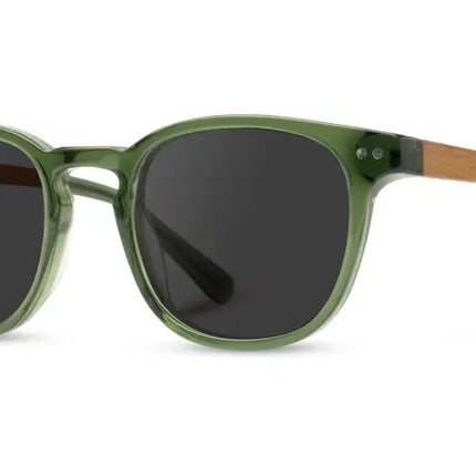 Green frame sunglasses with dark lenses and wooden arms