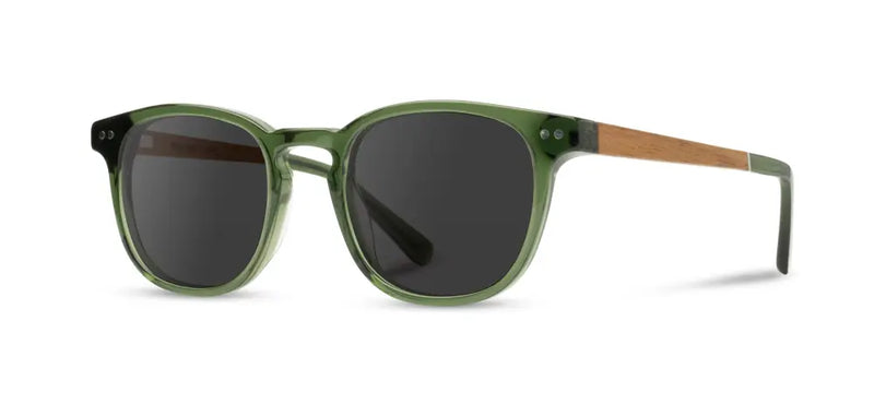 Green frame sunglasses with dark lenses and wooden arms