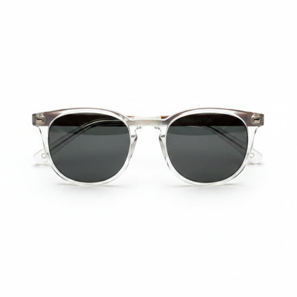 Clear frame sunglasses with dark lenses