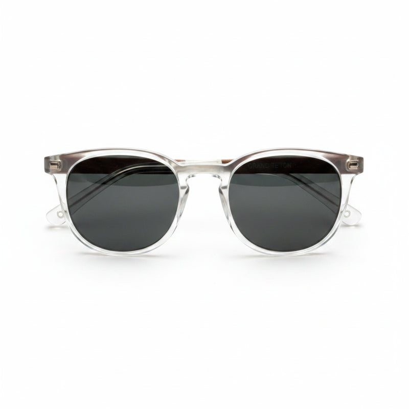 Clear frame sunglasses with dark lenses