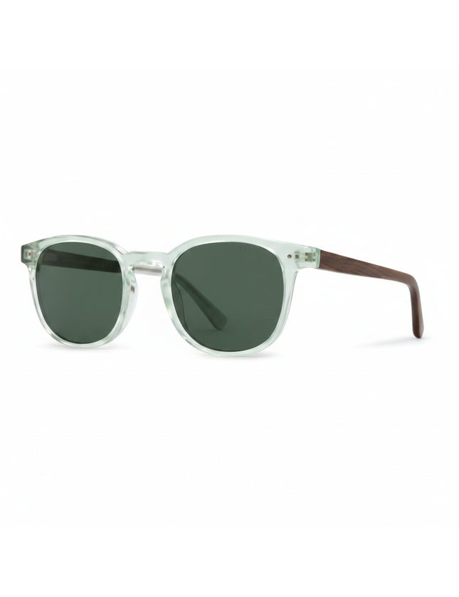 Light green sunglasses with dark lenses and wooden arms