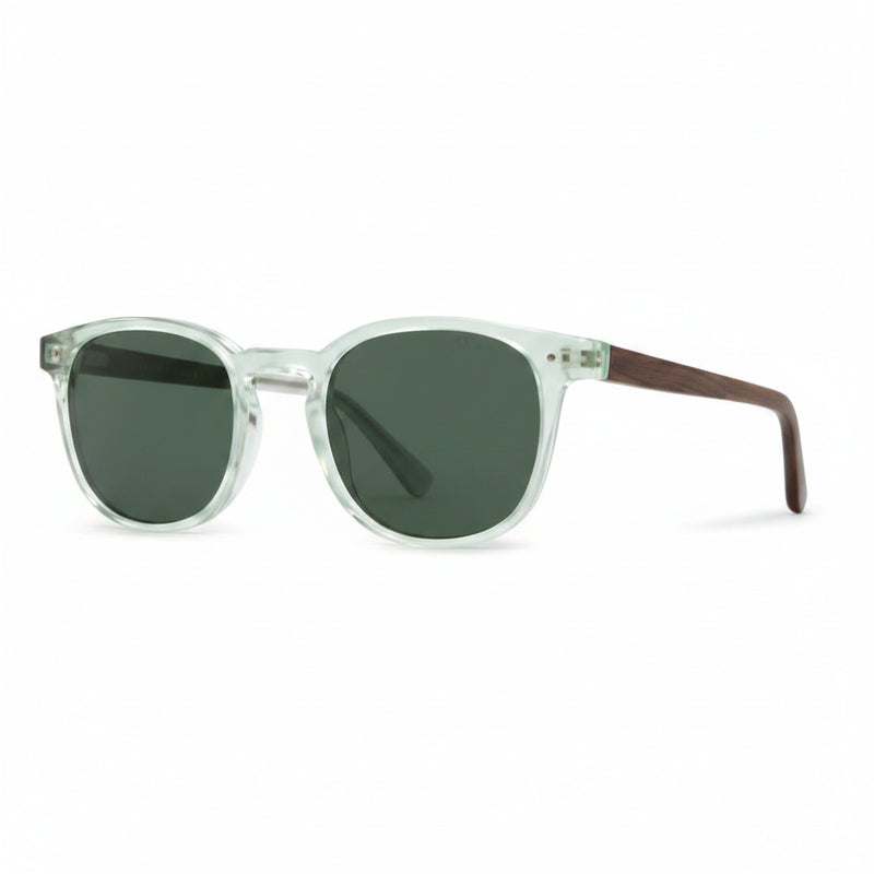 Light green sunglasses with dark lenses and wooden arms