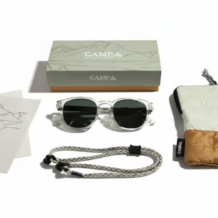 Campa sunglasses, case, strap, and box