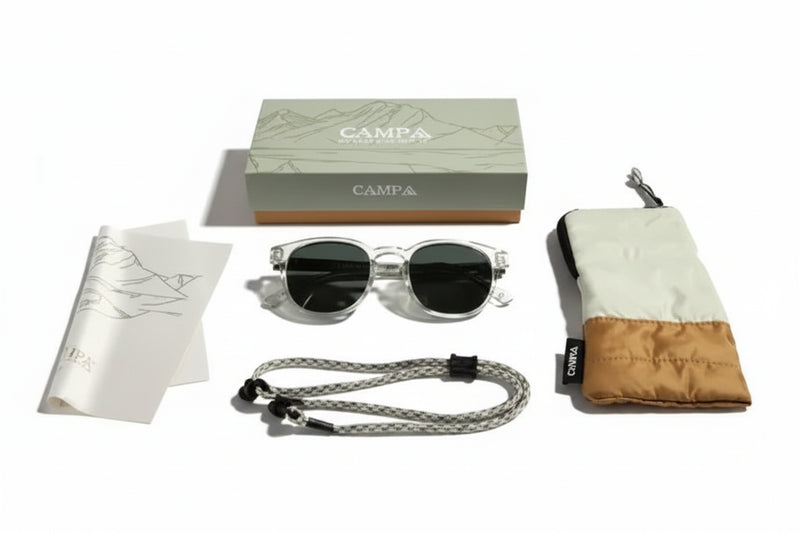 Campa sunglasses, case, strap, and box