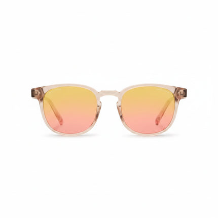 Round frame sunglasses with clear frames and yellow to pink gradient lenses