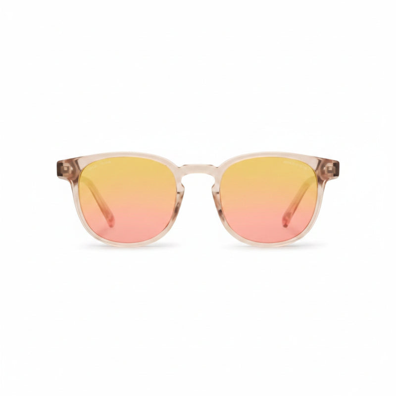Round frame sunglasses with clear frames and yellow to pink gradient lenses