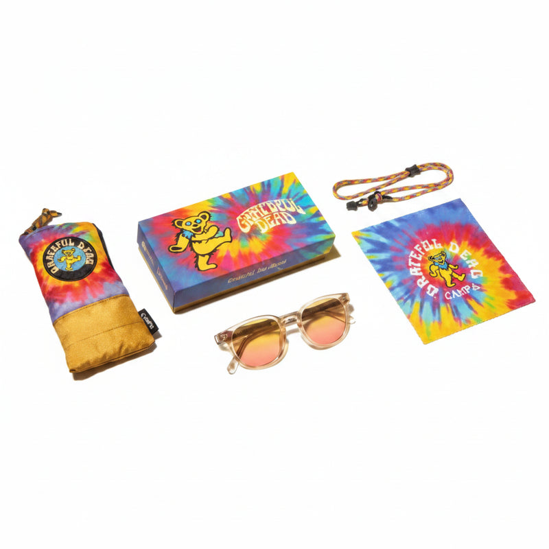 Grateful Dead tie-dye sunglasses, case, cleaning cloth, and lanyard