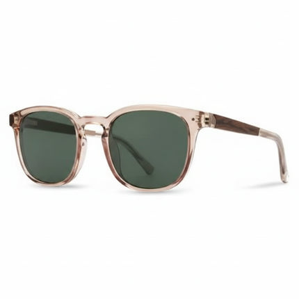 Light brown frame sunglasses with dark green lenses and dark brown wooden arms