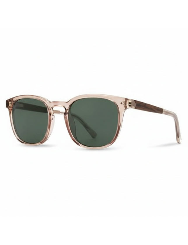 Light brown frame sunglasses with dark green lenses and dark brown wooden arms