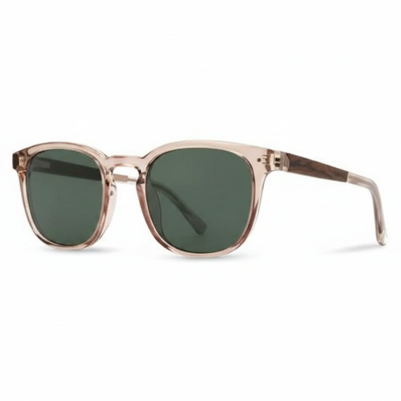 Light brown frame sunglasses with dark green lenses and dark brown wooden arms