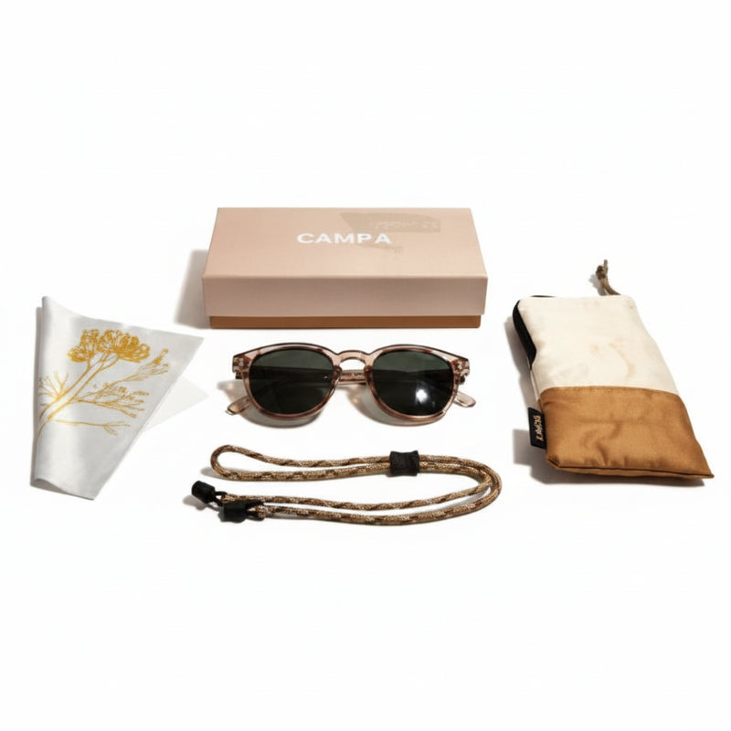 Campa sunglasses, case, cleaning cloth, and strap on a white background