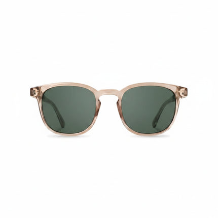 Light brown frame sunglasses with dark green lenses