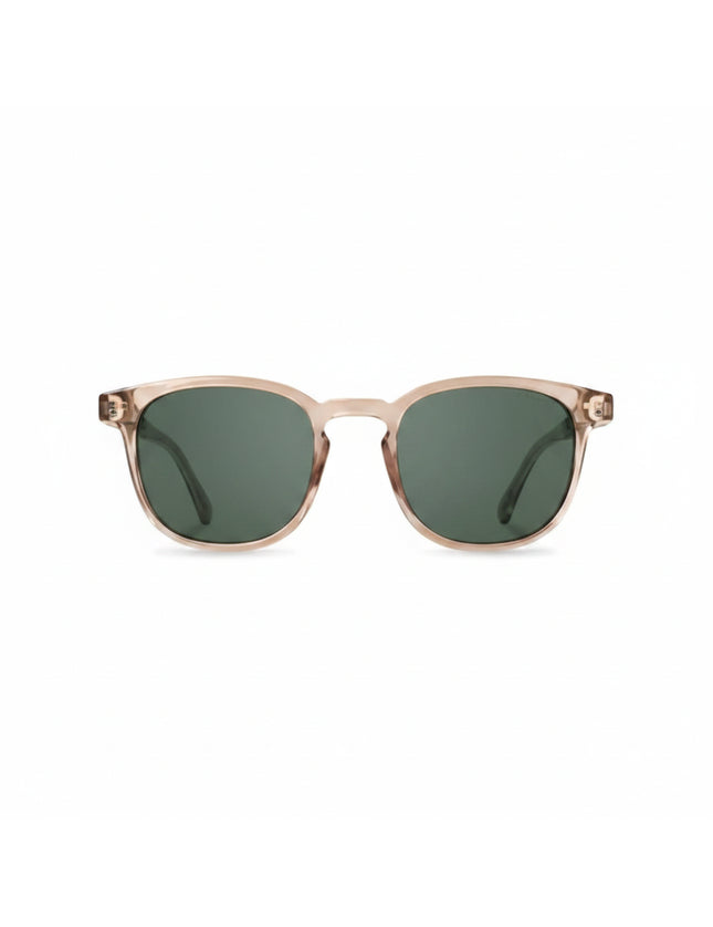 Light brown frame sunglasses with dark green lenses
