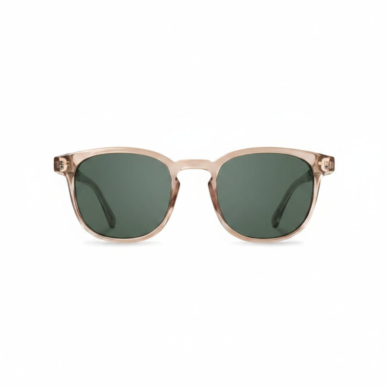 Light brown frame sunglasses with dark green lenses