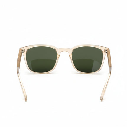 Clear frame sunglasses with dark green lenses