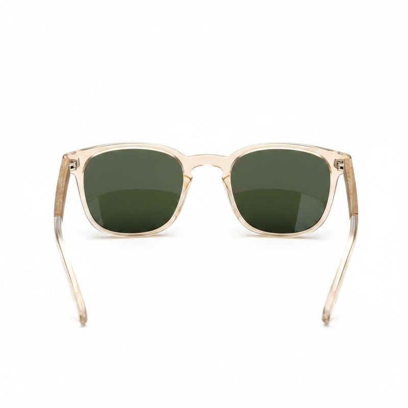 Clear frame sunglasses with dark green lenses