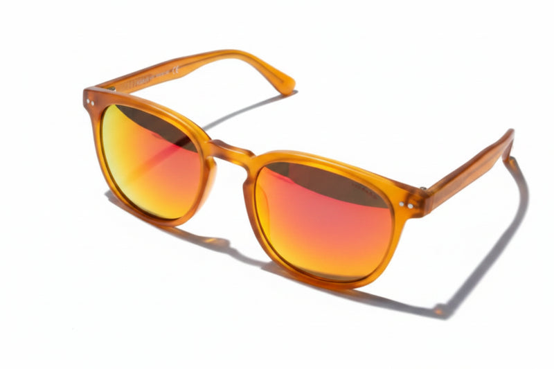 Amber sunglasses with orange reflective lenses