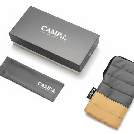 Campa branded grey box, grey pouch, and a grey and tan padded case