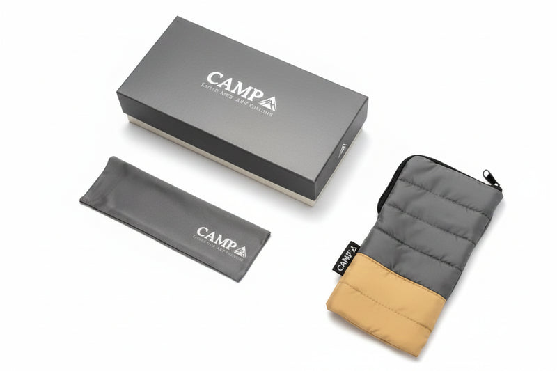Campa branded grey box, grey pouch, and a grey and tan padded case