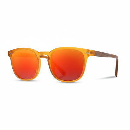Orange sunglasses with red mirrored lenses and wooden arms