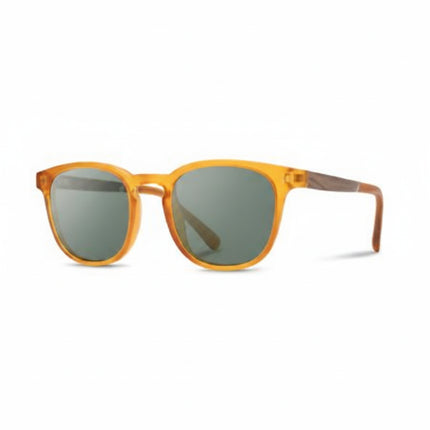 Amber sunglasses with dark lenses and wooden arms