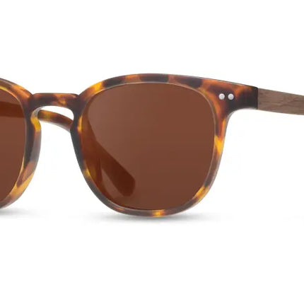 Tortoiseshell sunglasses with brown lenses and wooden arms