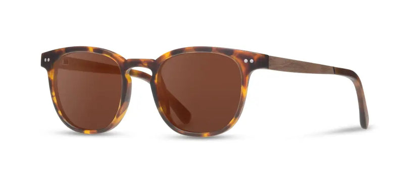 Tortoiseshell sunglasses with brown lenses and wooden arms