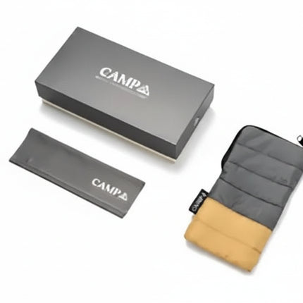 Campa branded box, sleeve, and a two-tone padded pouch