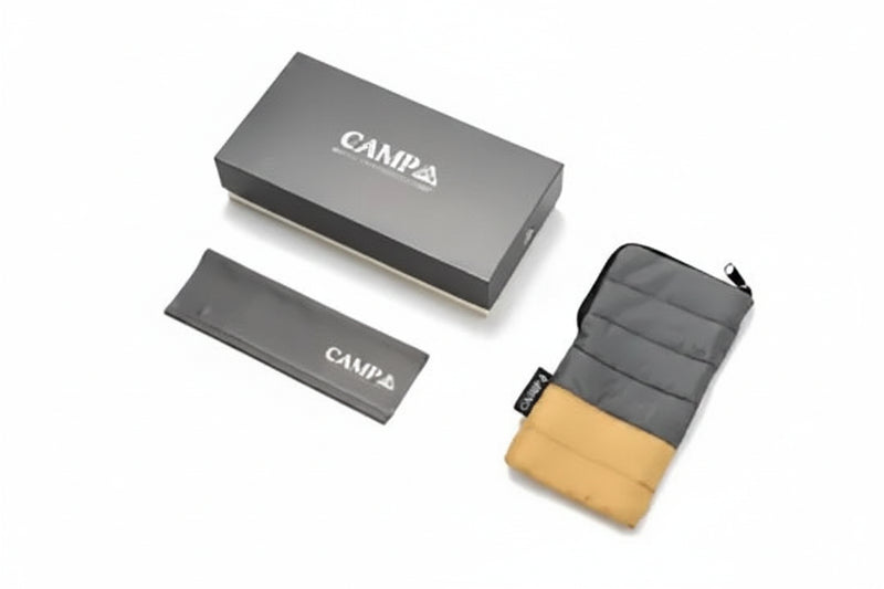 Campa branded box, sleeve, and a two-tone padded pouch