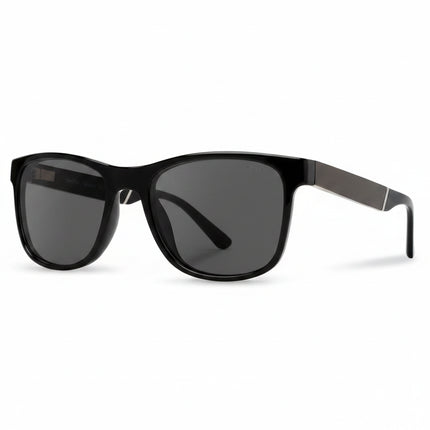 Black sunglasses with dark grey lenses and metal arms